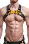 Model wearing yellow leather universal x harness