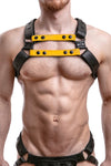 Model wearing yellow leather universal x harness