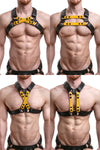 Model wearing yellow leather universal x harness