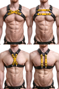 Model wearing yellow leather universal x harness