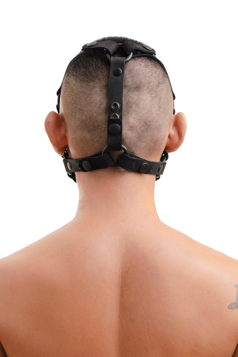 Model wearing black leather head harness and muzzle back
