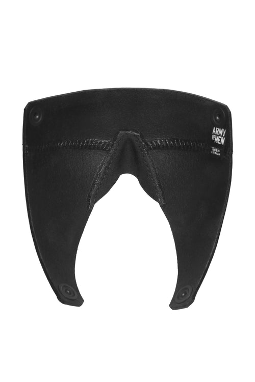 Product photo of black leather blinder. Back view.