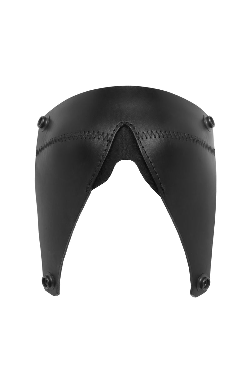 Product photo of black leather blinder. Front view.