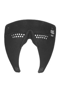 Product photo of black leather partial blinder. Back view.