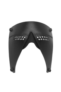 Product photo of black leather partial blinder. Front view.