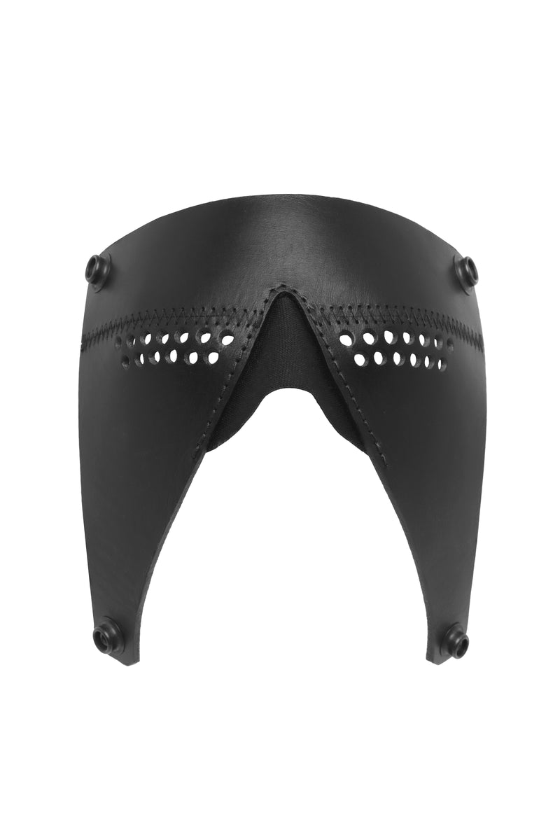 Product photo of black leather partial blinder. Front view.
