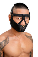 Model wearing black leather head harness and muzzle front