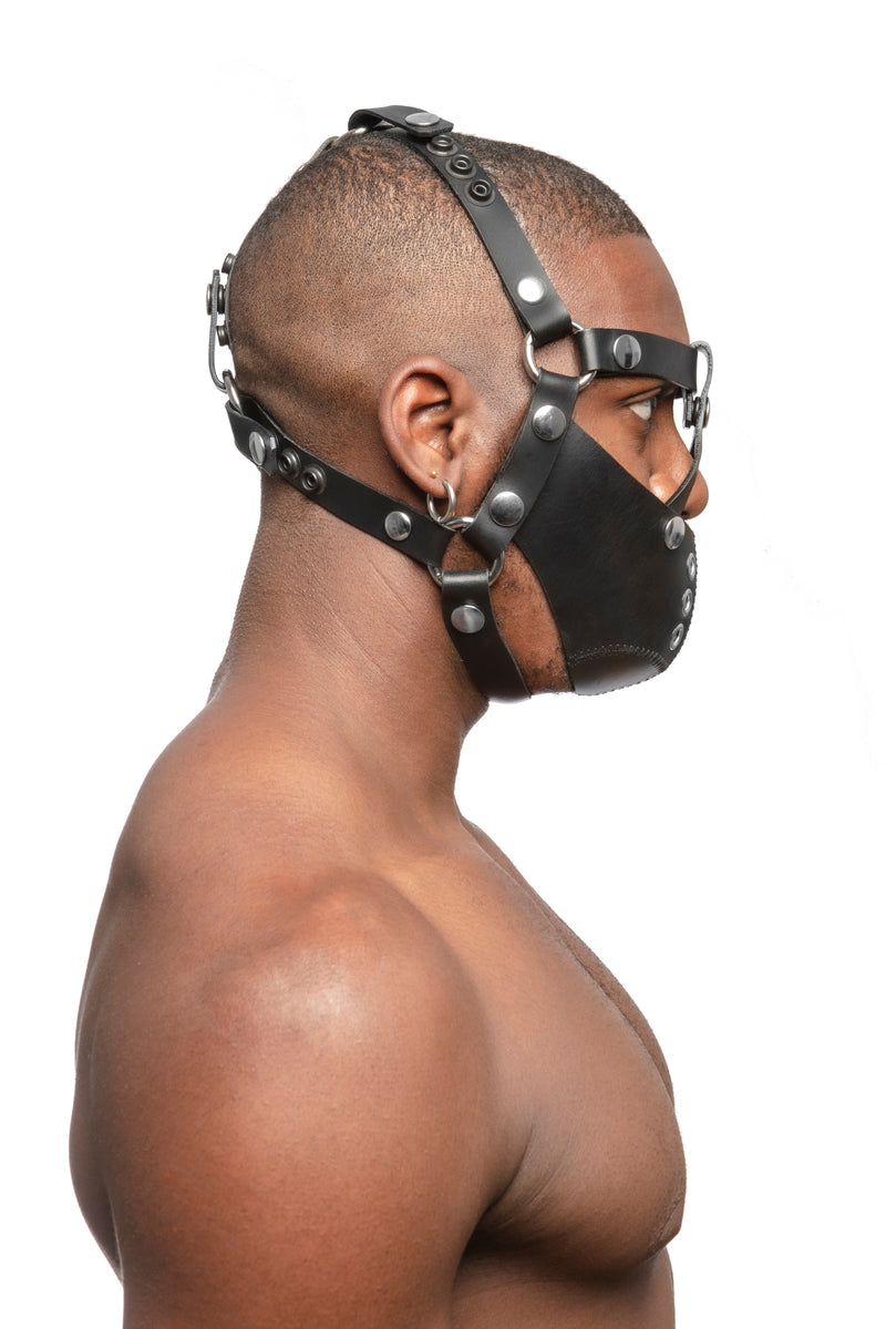 Model wearing black leather head harness and muzzle with stainless steel hardware, side