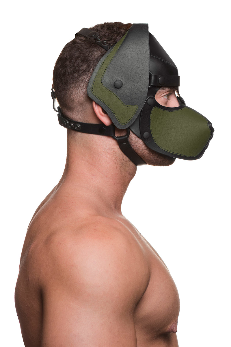 Model wearing a black and army green leather pup mask and head harness side view