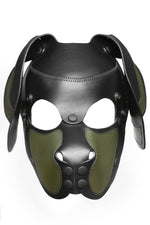 Product photo of a black and army green leather pup mask with floppy ears front view