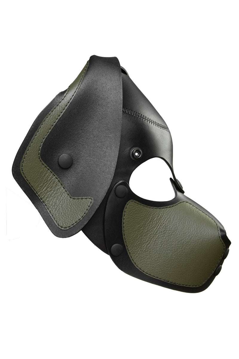 Product photo of a black and army green leather pup mask with floppy ears side view