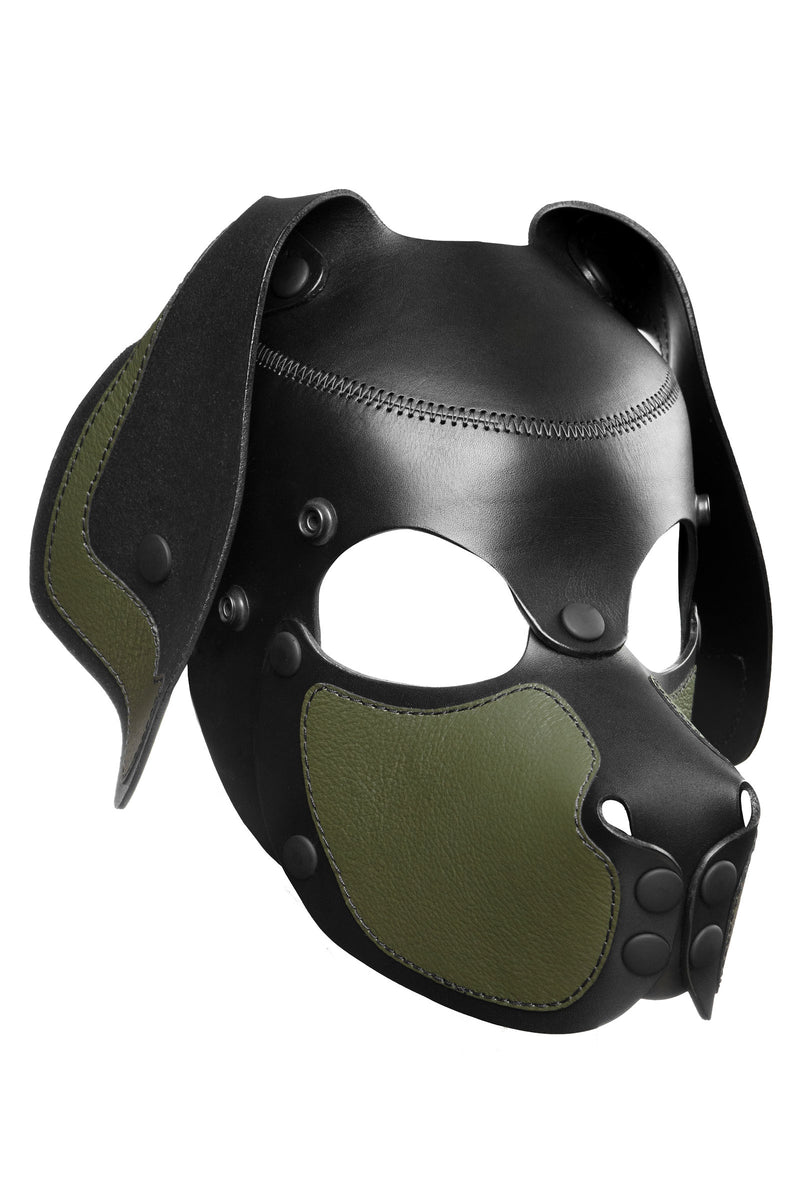 Product photo of a black and army green leather pup mask with floppy ears three quarter view