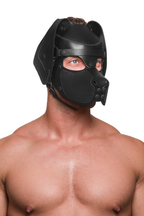Model wearing a black leather pup mask and head harness three quarter view