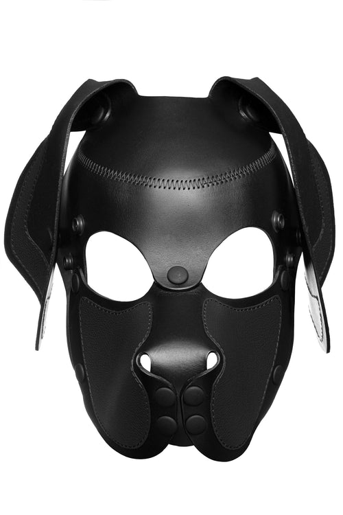 Product photo of a black leather pup mask with floppy ears front view