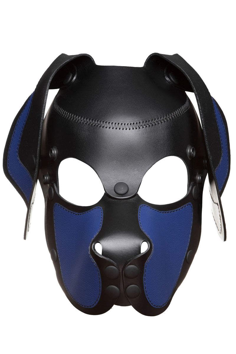 Product photo of a black and blue leather pup mask with floppy ears front view