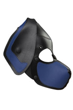 Product photo of a black and blue leather pup mask with floppy ears side view
