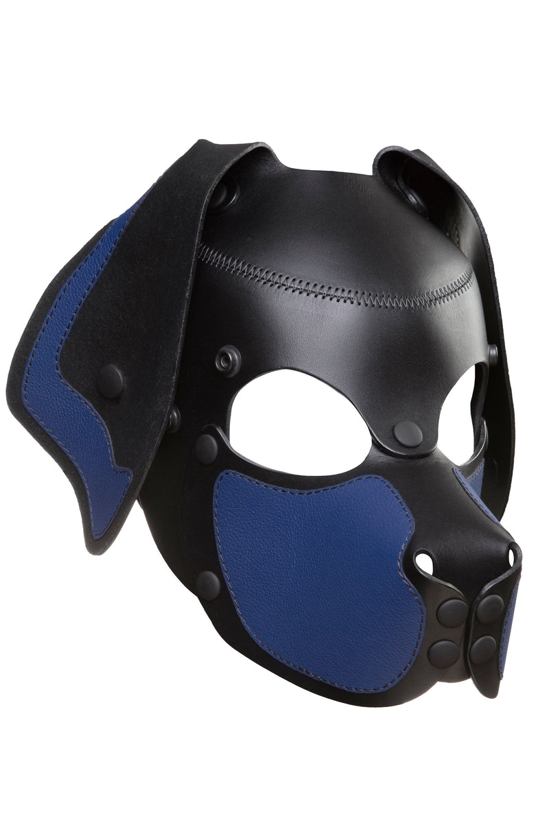 Product photo of a black and blue leather pup mask with floppy ears three quarter view