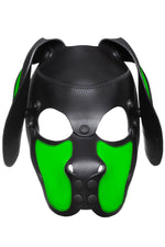Product photo of a black and fluro green leather pup mask with floppy ears front view