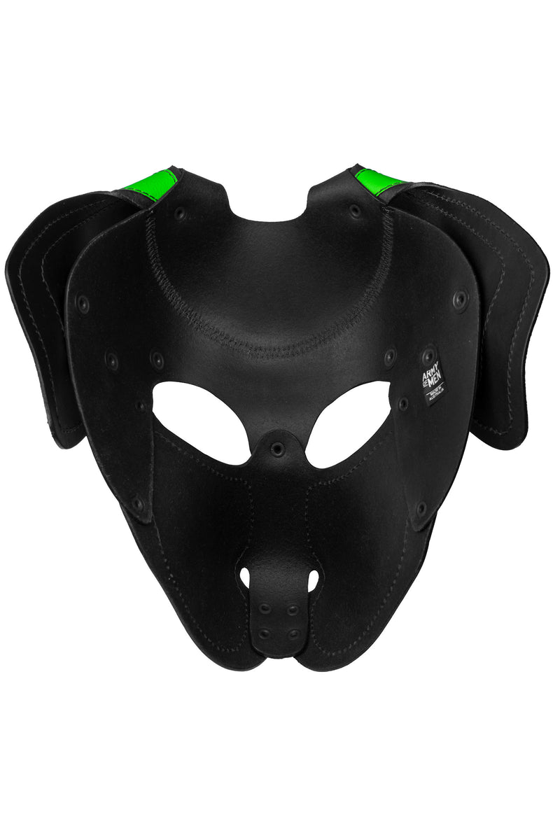 Product photo of a black and fluro green leather pup mask with floppy ears back view