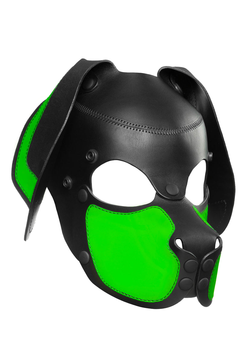 Product photo of a black and fluro green leather pup mask with floppy ears three quarter view