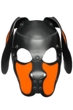 Product photo of a black and fluro orange leather pup mask with floppy ears front view