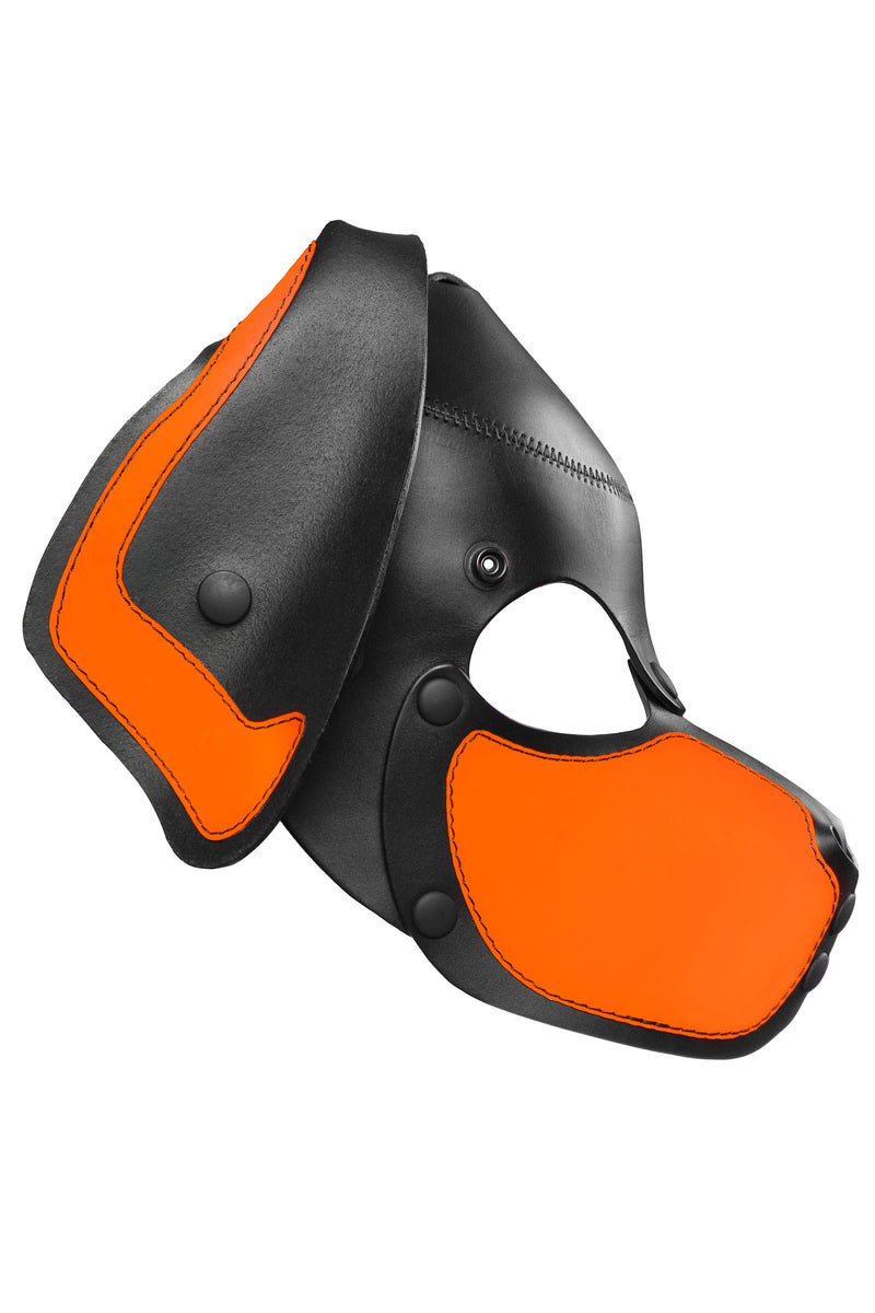 Product photo of a black and fluro orange leather pup mask with floppy ears side view