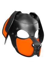 Product photo of a black and fluro orange leather pup mask with floppy ears three quarter view