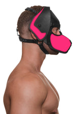 Model wearing a black and fluro pink leather pup mask and head harness side view