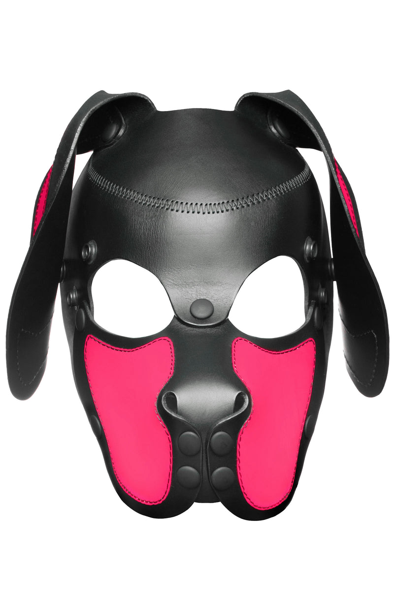 Product photo of a black and fluro pink leather pup mask with floppy ears front view