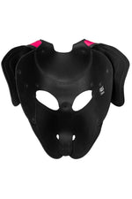Product photo of a black and fluro pink leather pup mask with floppy ears back view