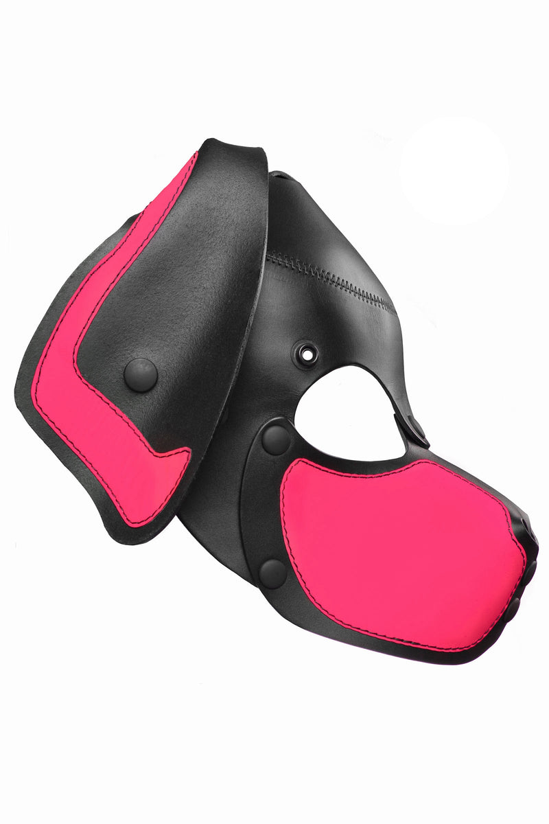 Product photo of a black and fluro pink leather pup mask with floppy ears side view