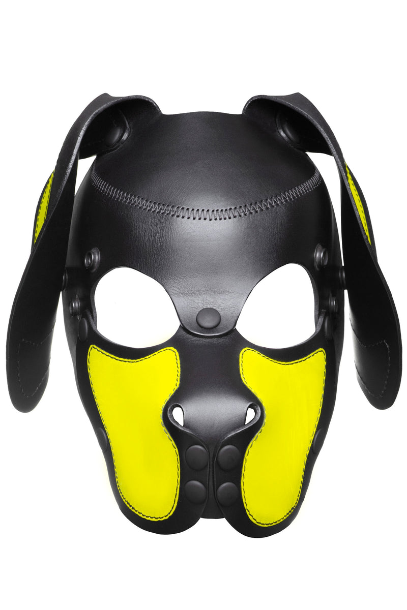 Product photo of a black and fluro yellow leather pup mask with floppy ears front view