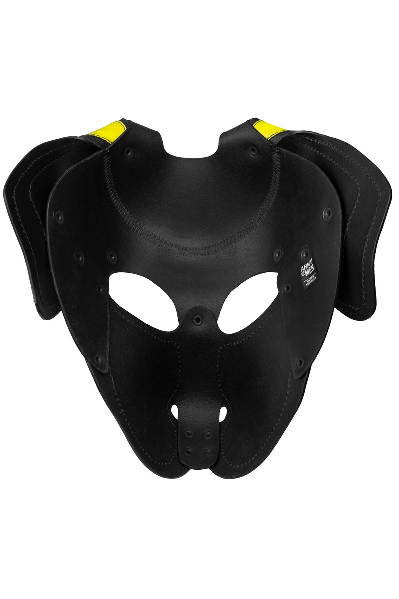 Product photo of a black and fluro yellow leather pup mask with floppy ears back view