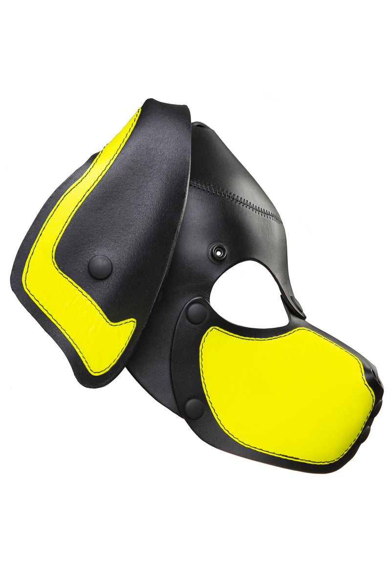 Product photo of a black and fluro yellow leather pup mask with floppy ears side view