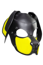 Product photo of a black and fluro yellow leather pup mask with floppy ears three quarter view