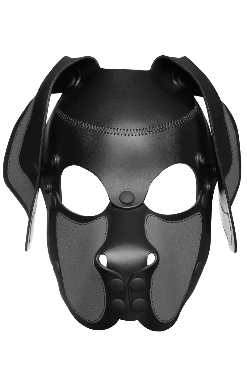 Product photo of a black and grey leather pup mask with floppy ears front view