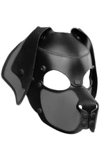 Product photo of a black and grey leather pup mask with floppy ears three quarter view