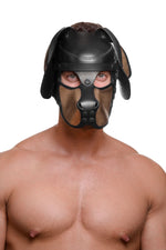 Model wearing a black and metallic gold leather pup mask and head harness front view