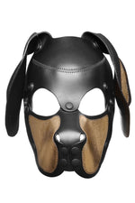Product photo of a black and metallic gold leather pup mask with floppy ears front view