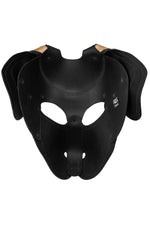 Product photo of a black and metallic gold leather pup mask with floppy ears back view
