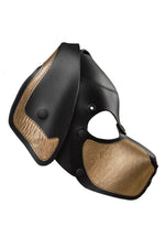 Product photo of a black and metallic gold leather pup mask with floppy ears side view