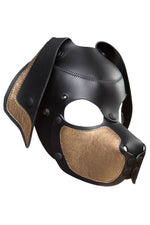 Product photo of a black and metallic gold leather pup mask with floppy ears three quarter view
