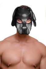Model wearing a black and metallic silver leather pup mask and head harness front view