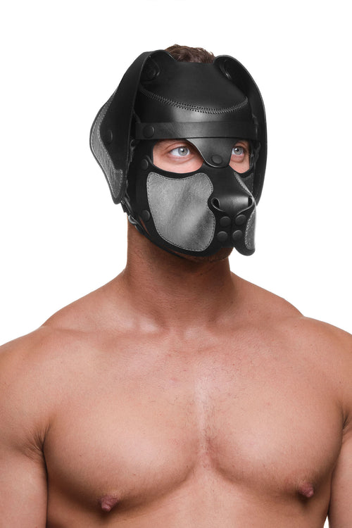 Model wearing a black and metallic silver leather pup mask and head harness three quarter view