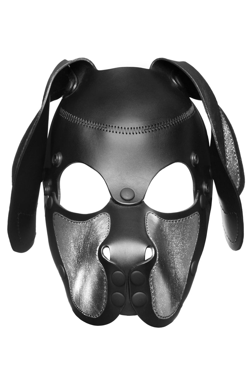 Product photo of a black and metallic silver leather pup mask with floppy ears front view