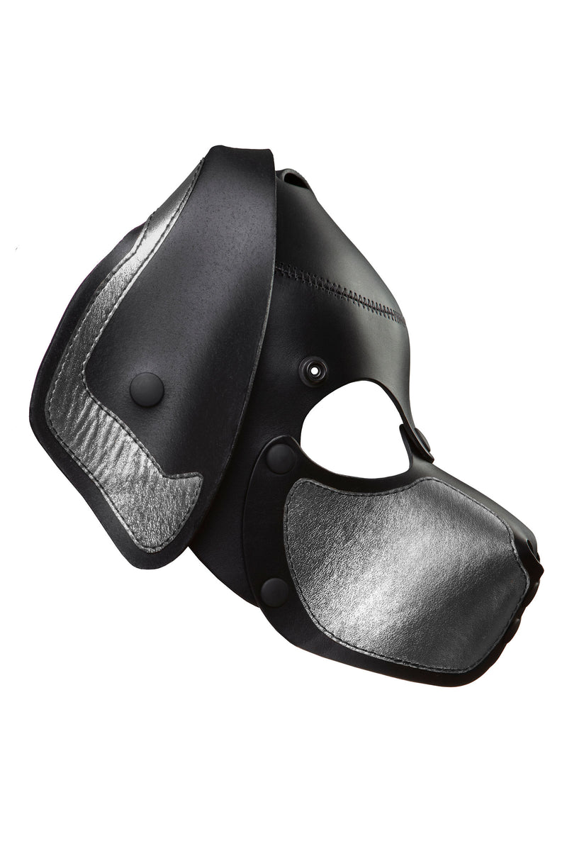 Product photo of a black and metallic silver leather pup mask with floppy ears side view