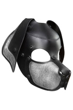 Product photo of a black and metallic silver leather pup mask with floppy ears three quarter view