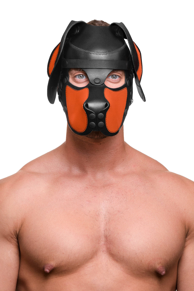 Model wearing a black and orange leather pup mask and head harness front view