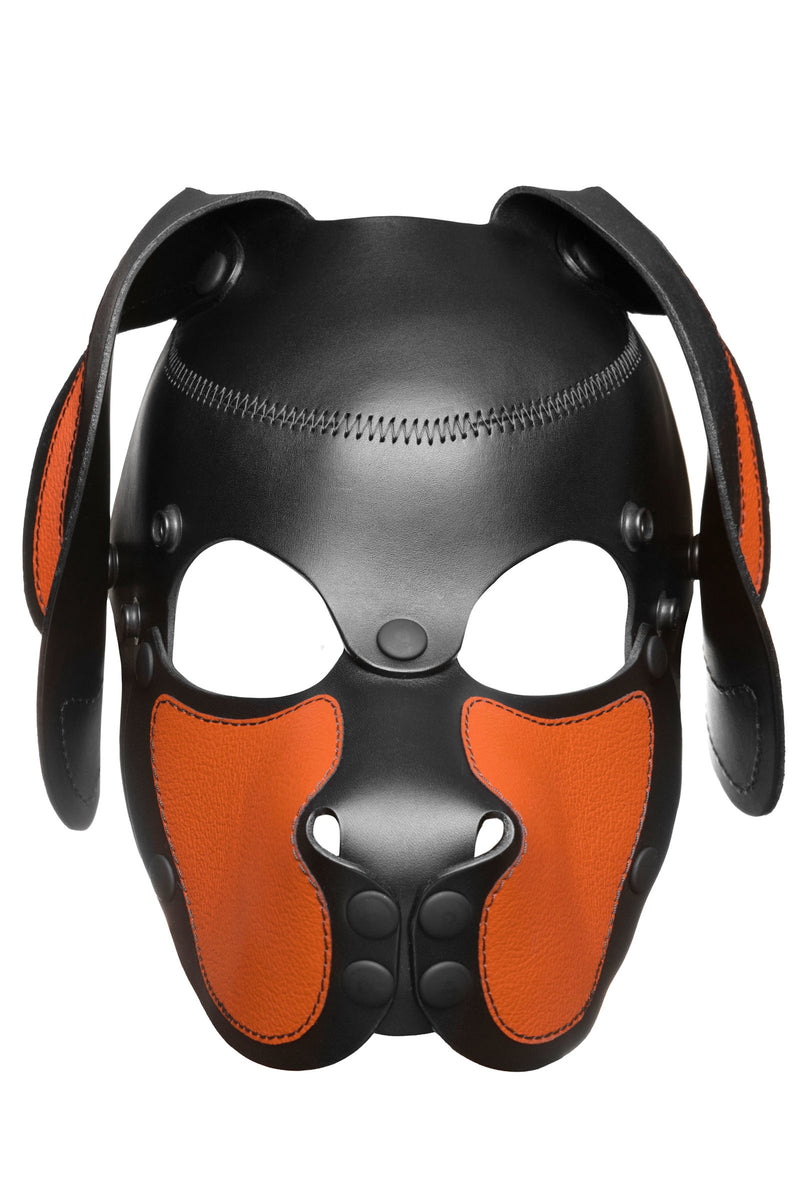 Product photo of a black and orange leather pup mask with floppy ears front view