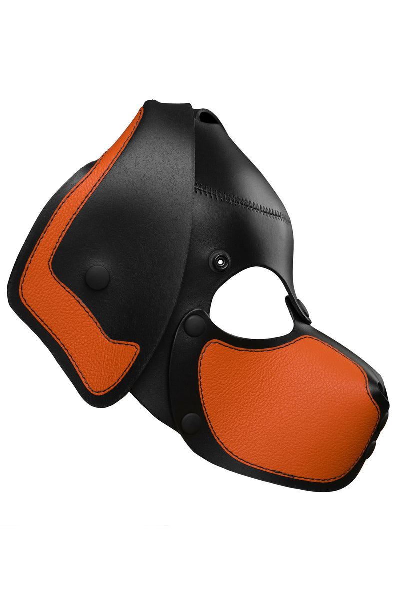 Product photo of a black and orange leather pup mask with floppy ears side view